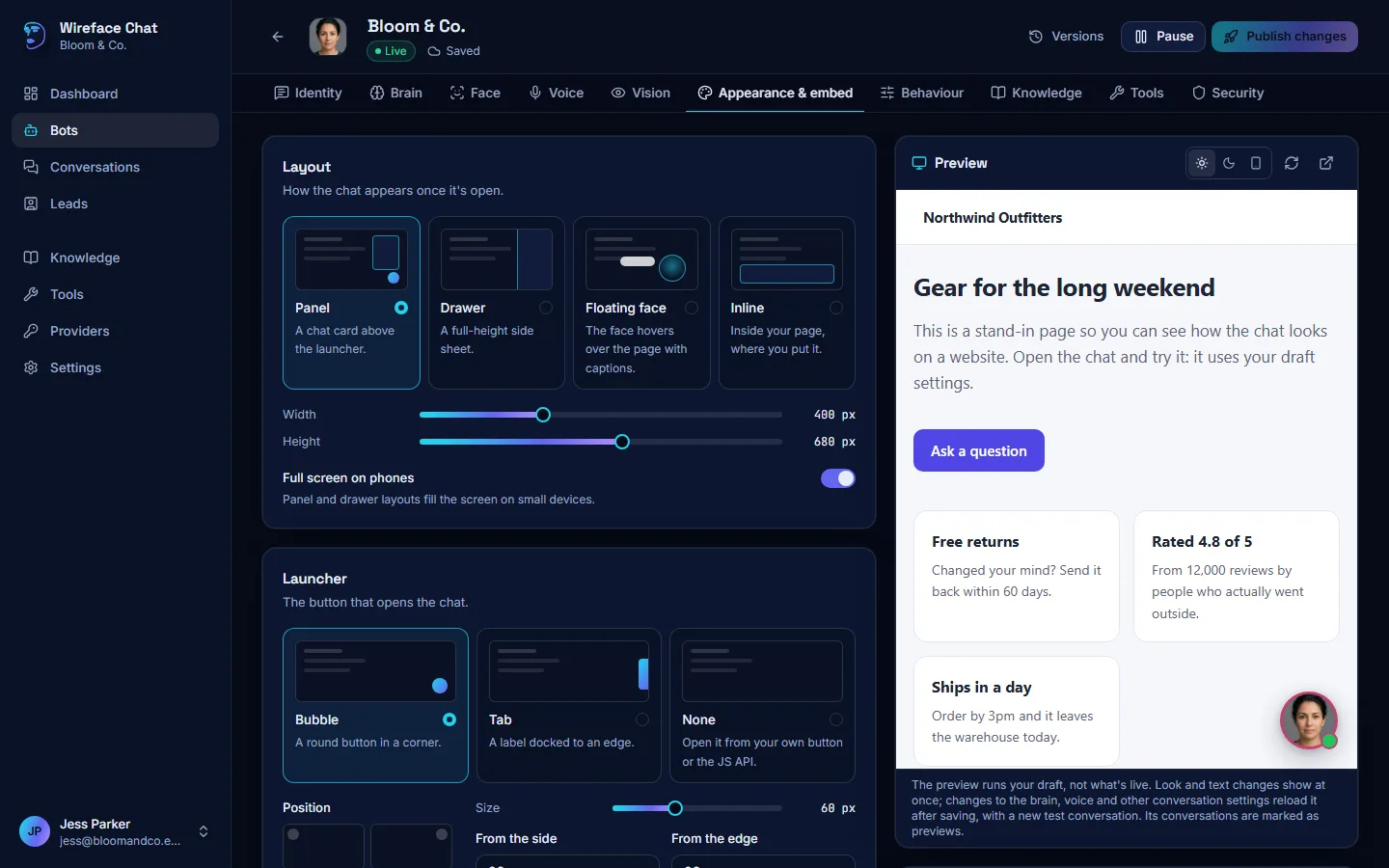 The bot editor's Appearance tab: layout and launcher choices on the left, and a live preview of the chat on a sample website on the right.