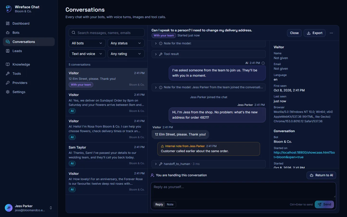 The conversations inbox: a list of chats on the left, a transcript in the middle where a person from the team has taken over, with an internal note, and the visitor's details on the right.