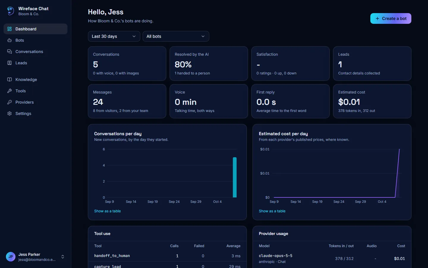 The dashboard: conversations, how many the AI resolved, satisfaction, leads, messages, voice minutes, reply time and estimated cost, with charts.