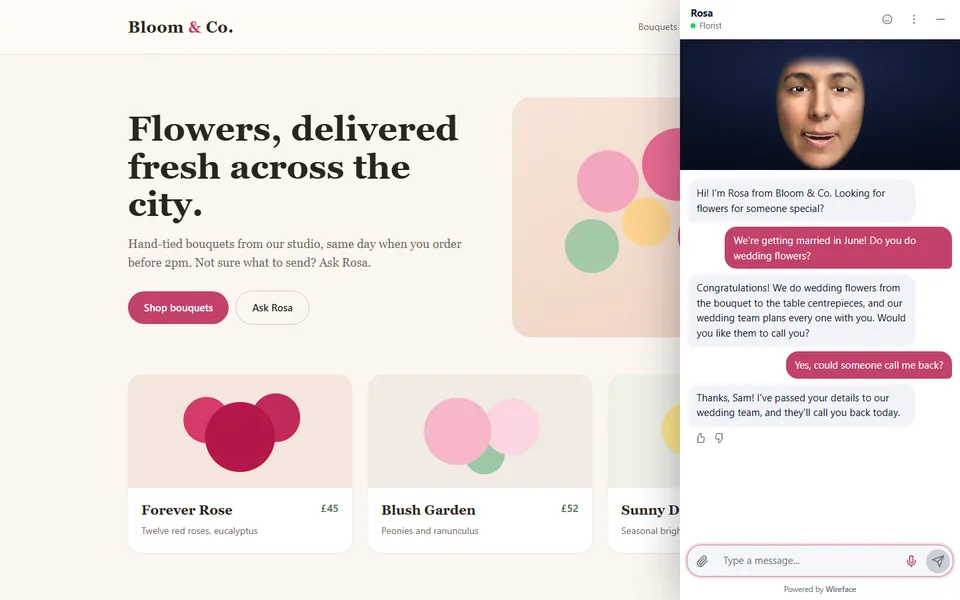 The drawer layout: a full-height sheet on the right of the florist's site, with the face at the top and a conversation about wedding flowers.