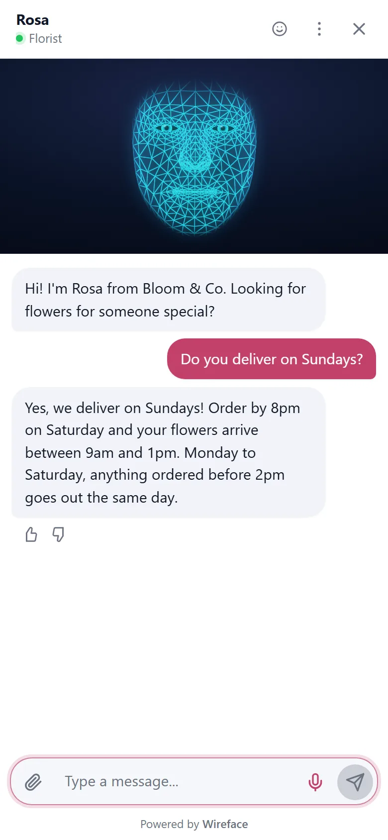 On a phone, the chat fills the screen: the face at the top, the conversation below.