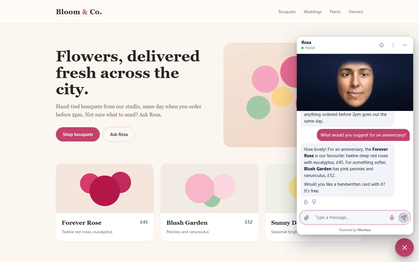 A florist's website with Wireface Chat open in the corner: Rosa, a lip-synced 3D face, above a conversation in which a visitor asks about Sunday delivery and anniversary flowers, and Rosa suggests two bouquets with their prices.