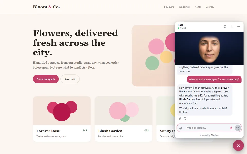 A florist's website with a chat panel whose face is answering a visitor
