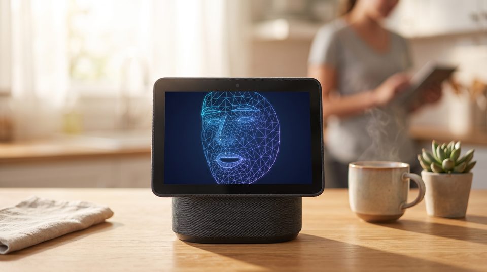 A smart display on a kitchen counter, its screen showing the glowing wireframe face