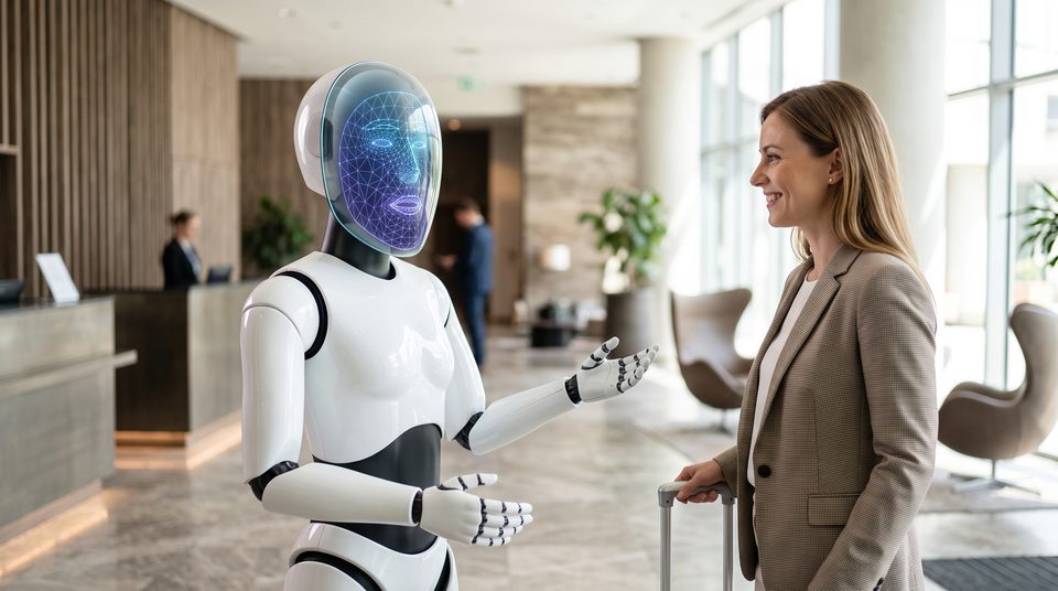A humanoid robot in a hotel lobby, its screen face showing the glowing wireframe face, talking to a guest