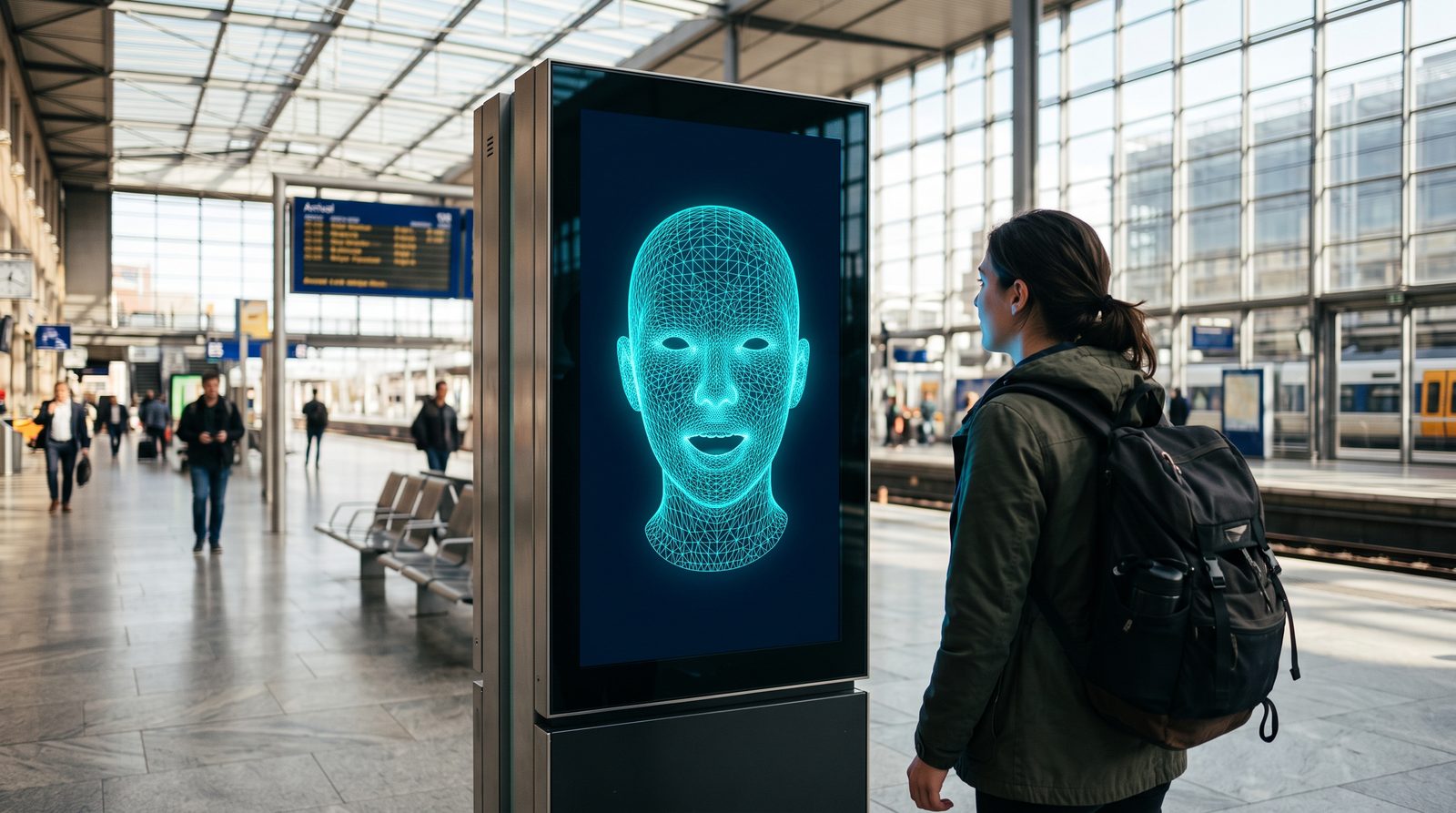 A traveller at a station information kiosk whose screen shows a glowing wireframe face, talking
