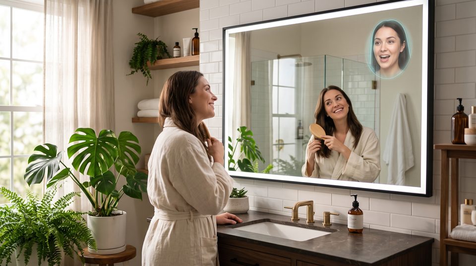 A woman brushing her hair at a bathroom mirror; a smiling face in the corner of the glass is talking to her