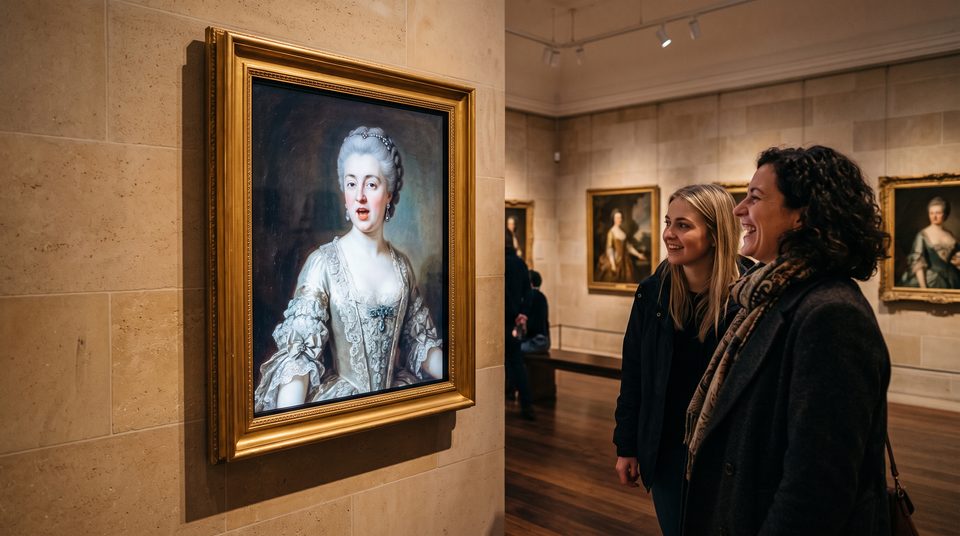 Two visitors in a gallery laughing as a painted portrait on a framed screen talks to them