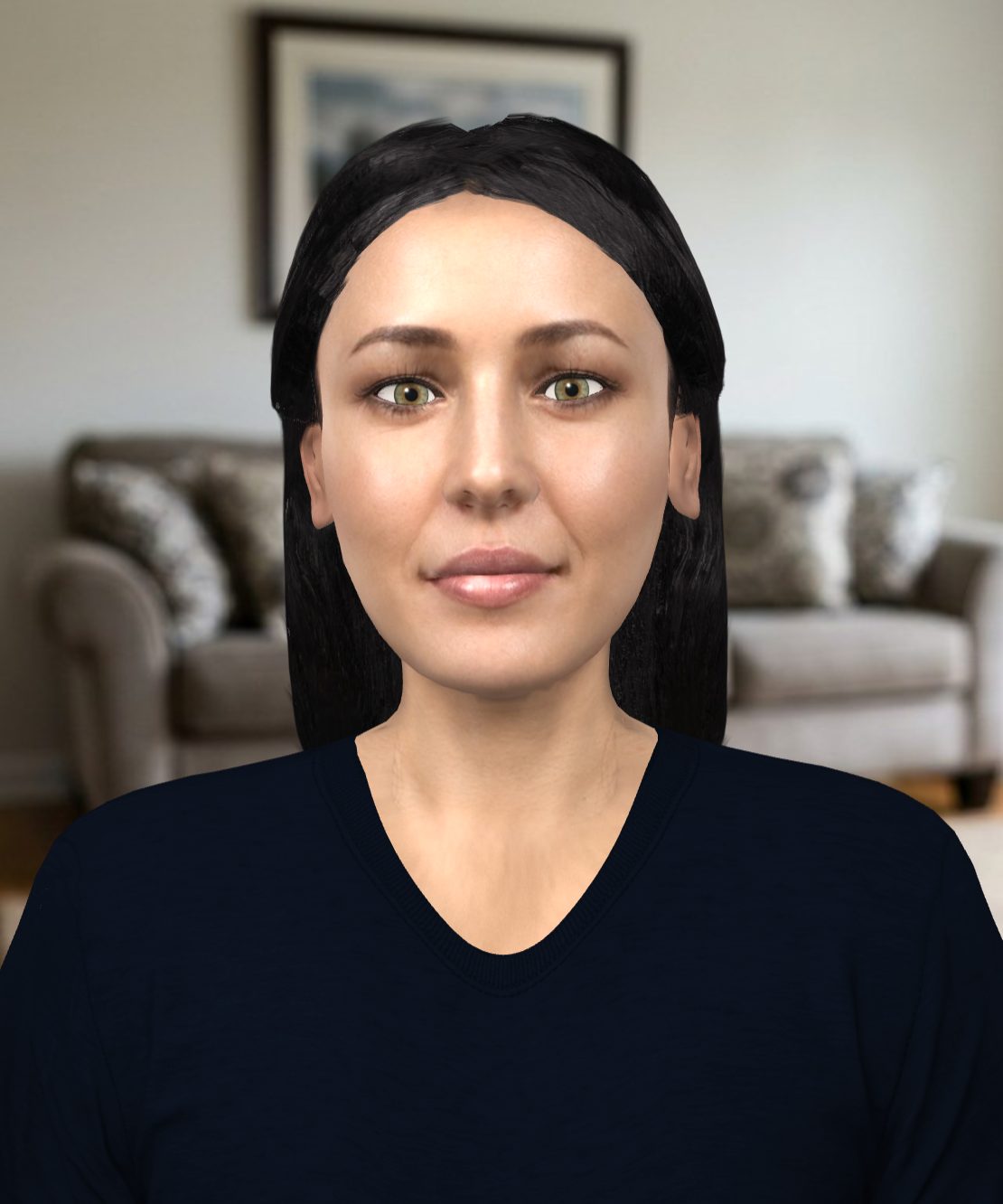 Sarah, a 3D head with long dark hair, in a dark top