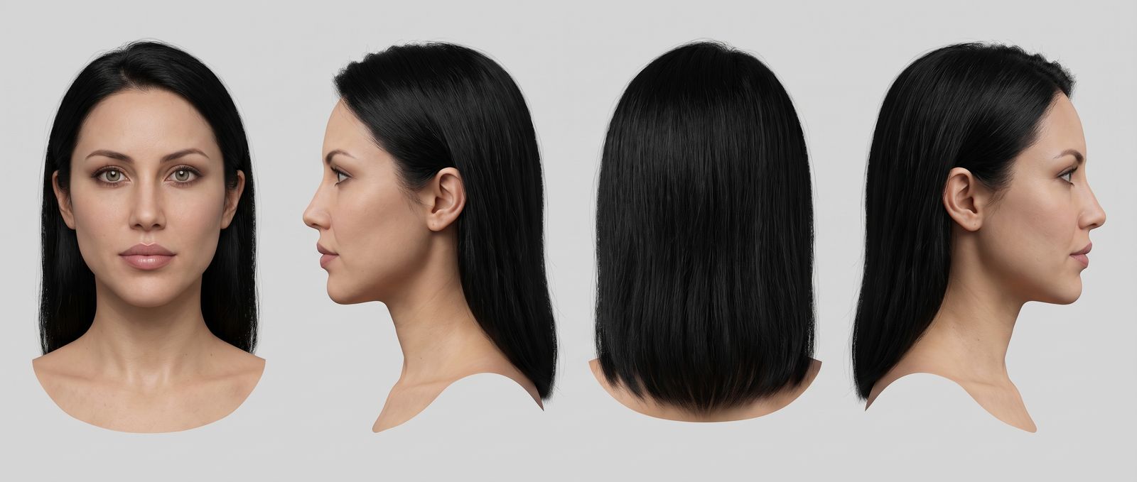 The AI turnaround sheet for Sarah: front, left profile, back and right profile