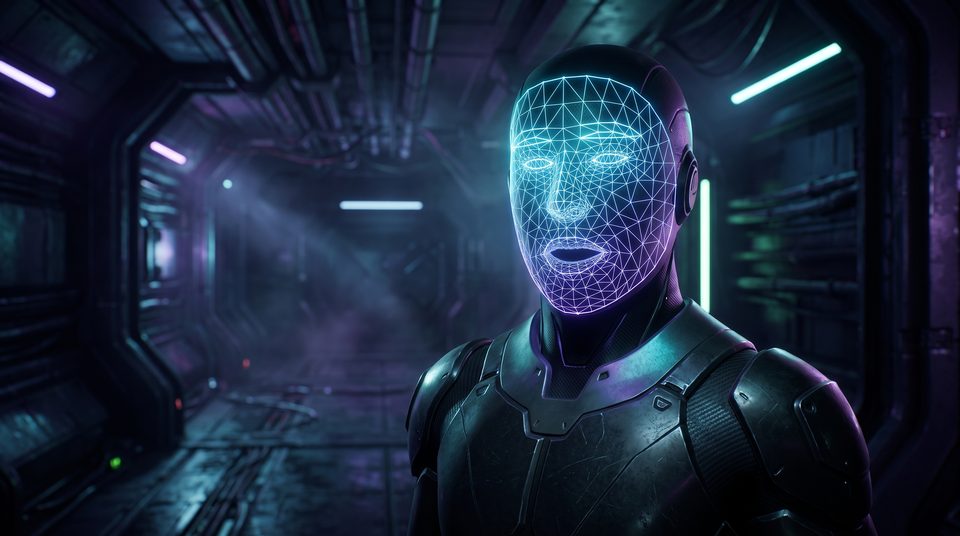 A game character, an android with a glowing wireframe face, talking in a sci-fi corridor