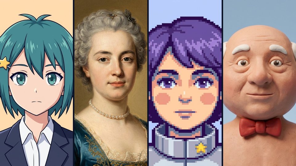 Four talking pictures: anime, an oil painting, pixel art and claymation
