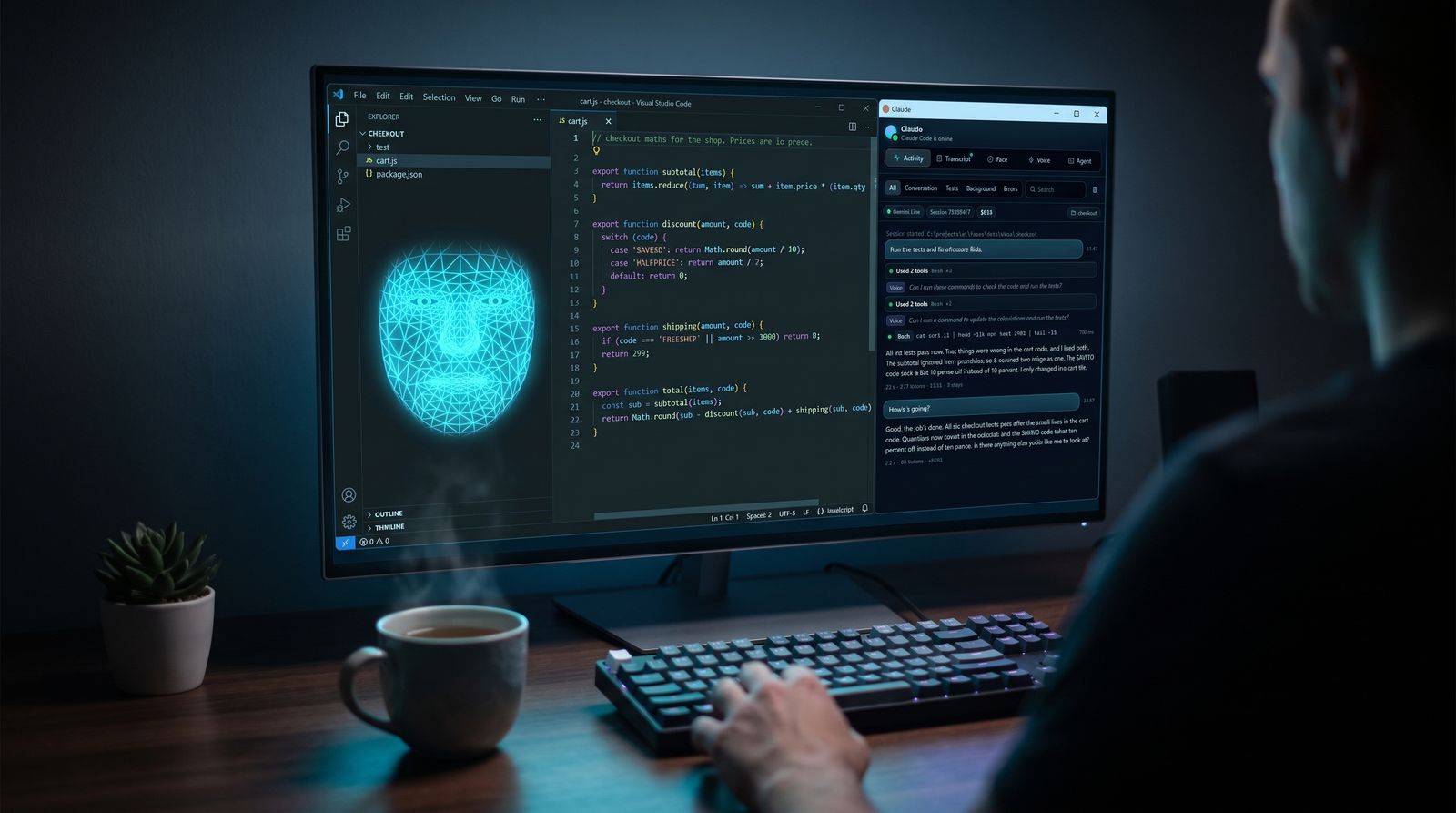 A developer at a desk at night; on the monitor, a code editor with the glowing wireframe face floating beside the code and the activity panel on the right