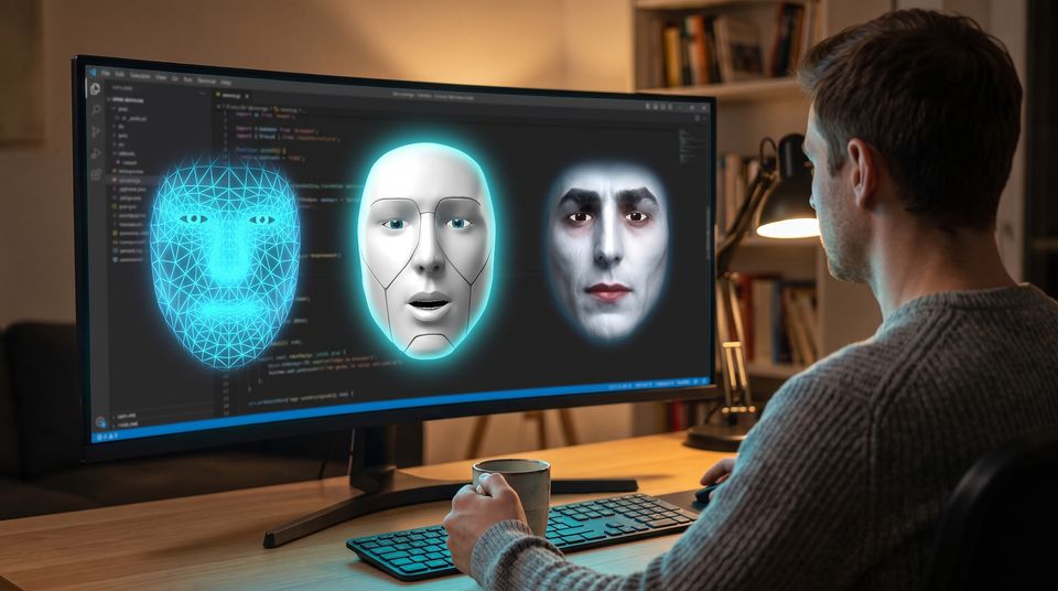 A developer at a monitor showing three faces side by side: a wireframe, a robot and Dracula