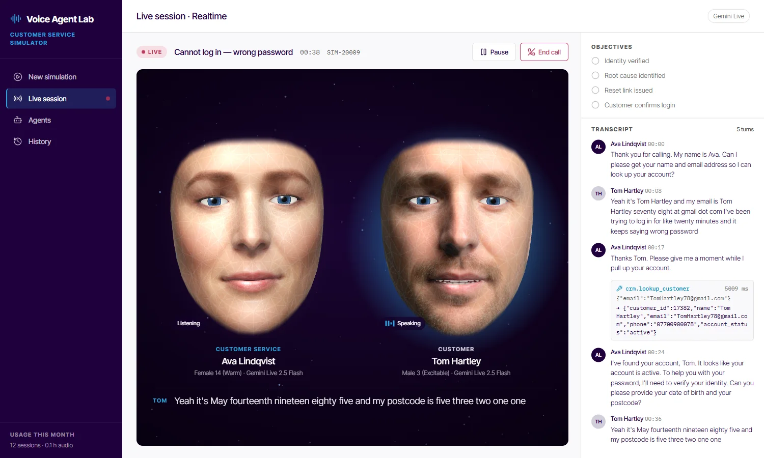 Voice Agent Lab during a realtime call: Ava Lindqvist, the customer-service agent, and Tom Hartley, the customer, as lip-synced faces, with Tom's words as a live caption. On the right, the scenario's four objectives and the transcript, including Ava's crm.lookup_customer tool call and its result.