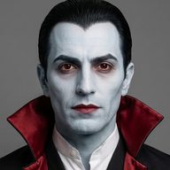Dracula, with vampire teeth