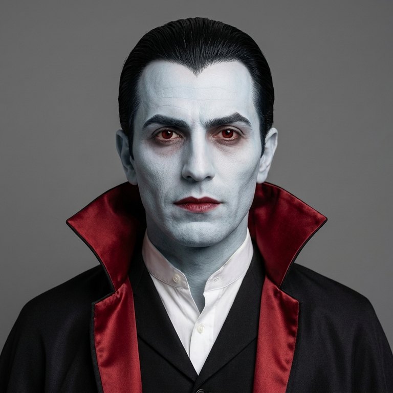 Dracula, with vampire teeth