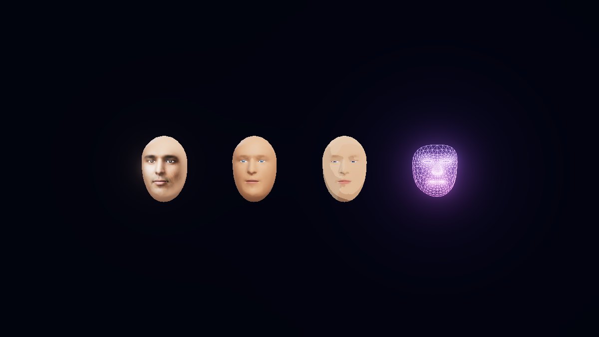 The same face four ways: a photo skin, a sculpted head, a cel-shaded one, and a violet hologram