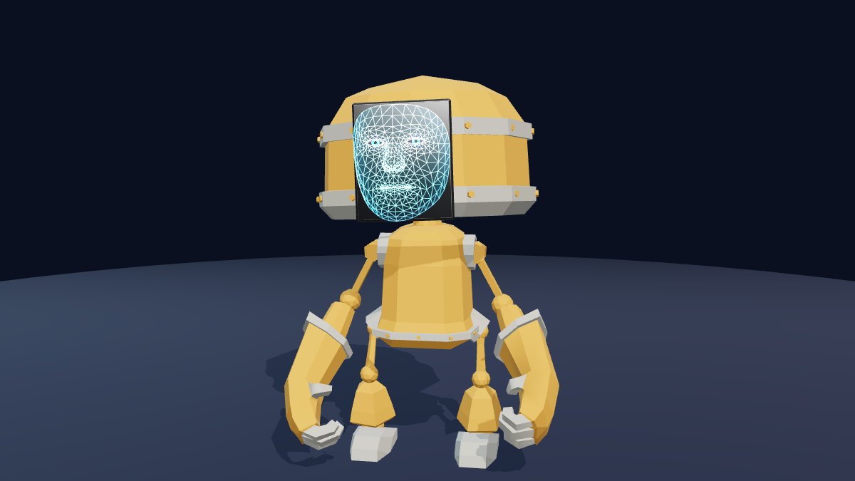 The RobotExpressive glTF model with a hologram face on a dark plate where its eyes were