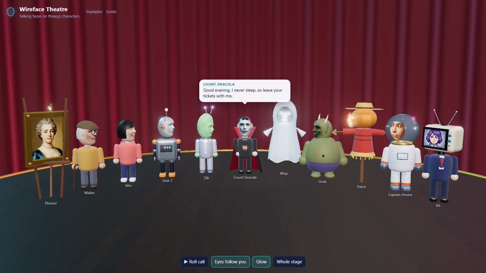Eleven three.js characters on a stage, Count Dracula speaking while the others look at him