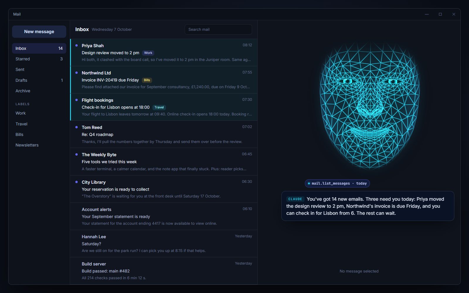 A mail app with today's inbox; the wireframe face says: You've got 14 new emails. Three need you today: Priya moved the design review to 2 pm, Northwind's invoice is due Friday, and you can check in for Lisbon from 6.