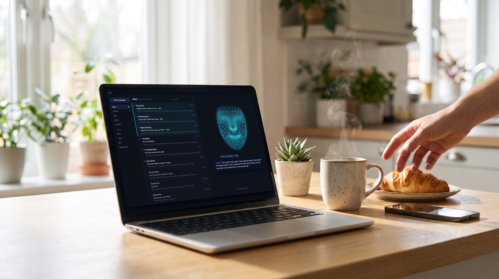 A laptop on a sunny kitchen table next to a coffee and a croissant; on screen, a mail app with the wireframe face summing up today's emails