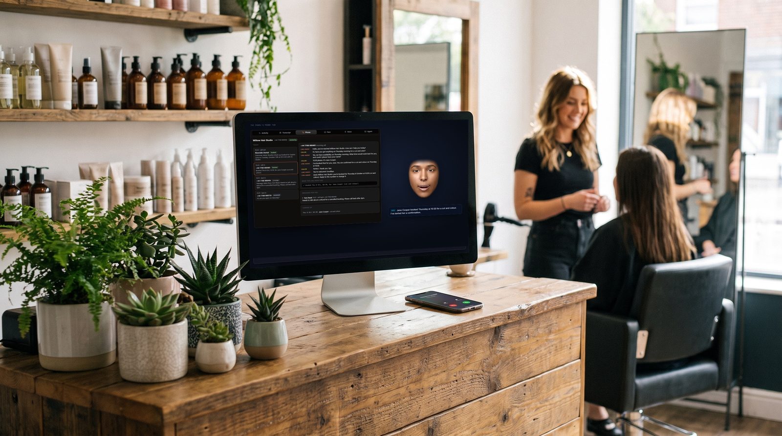 The front desk of a small hair salon; the monitor shows the phone line with a live call transcript and the face, while a hairdresser works with a client in the background