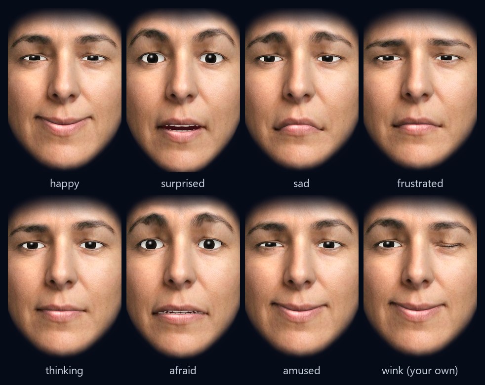 One face showing eight expressions: happy, surprised, sad, frustrated, thinking, afraid, amused, and a wink