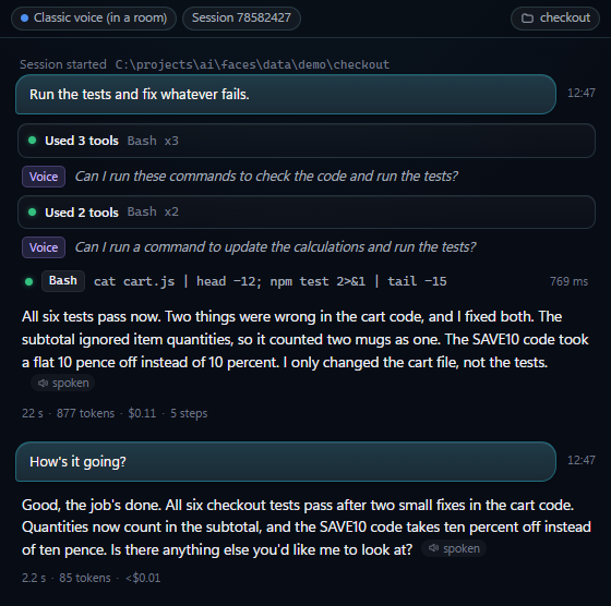 Activity's summary: a request to run the tests, two groups of tool calls, the voice asking permission, the agent's reply marked spoken, and a follow-up question