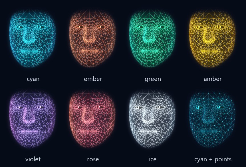 The wireframe in each colour preset: cyan, ember, green, amber, violet, rose and ice, and cyan with points