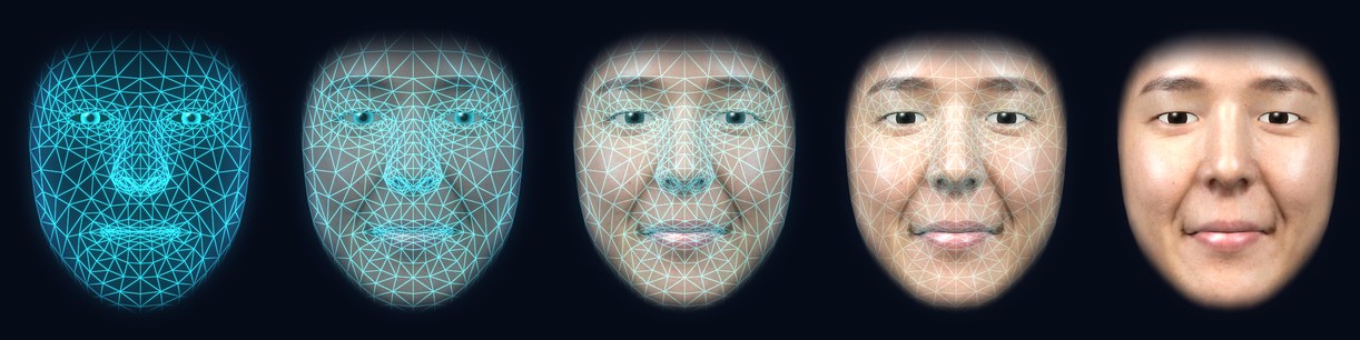 One face at skin_amount 0, 0.25, 0.5, 0.75 and 1: the glowing wireframe fading into the skin
