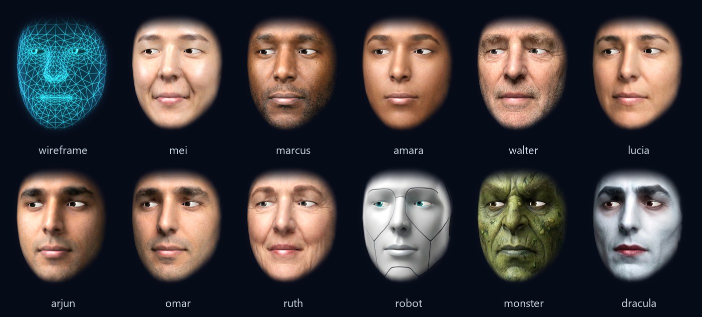 The bare wireframe and eleven skins: Mei, Marcus, Amara, Walter, Lucia, Arjun, Omar, Ruth, a robot, a monster and Dracula