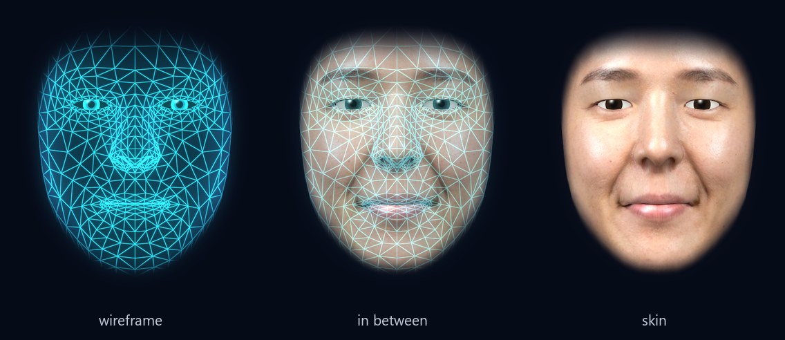 The same face three ways: the glowing wireframe, in between with the wireframe's lines faded over the skin, and the skin