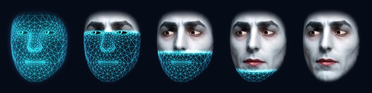Five frames of the Dracula skin sweeping onto the wireframe from the top down, with a bright band at its leading edge