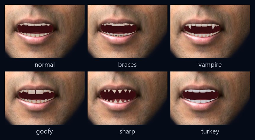 An open mouth with each of the six teeth styles: normal, braces, vampire, goofy, sharp and turkey